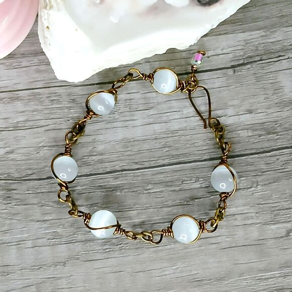 Boho Chic Selenite Crystal Bracelet, Adjustable Gemstone Wire Wrapped Bracelet - Picture 2 of 6